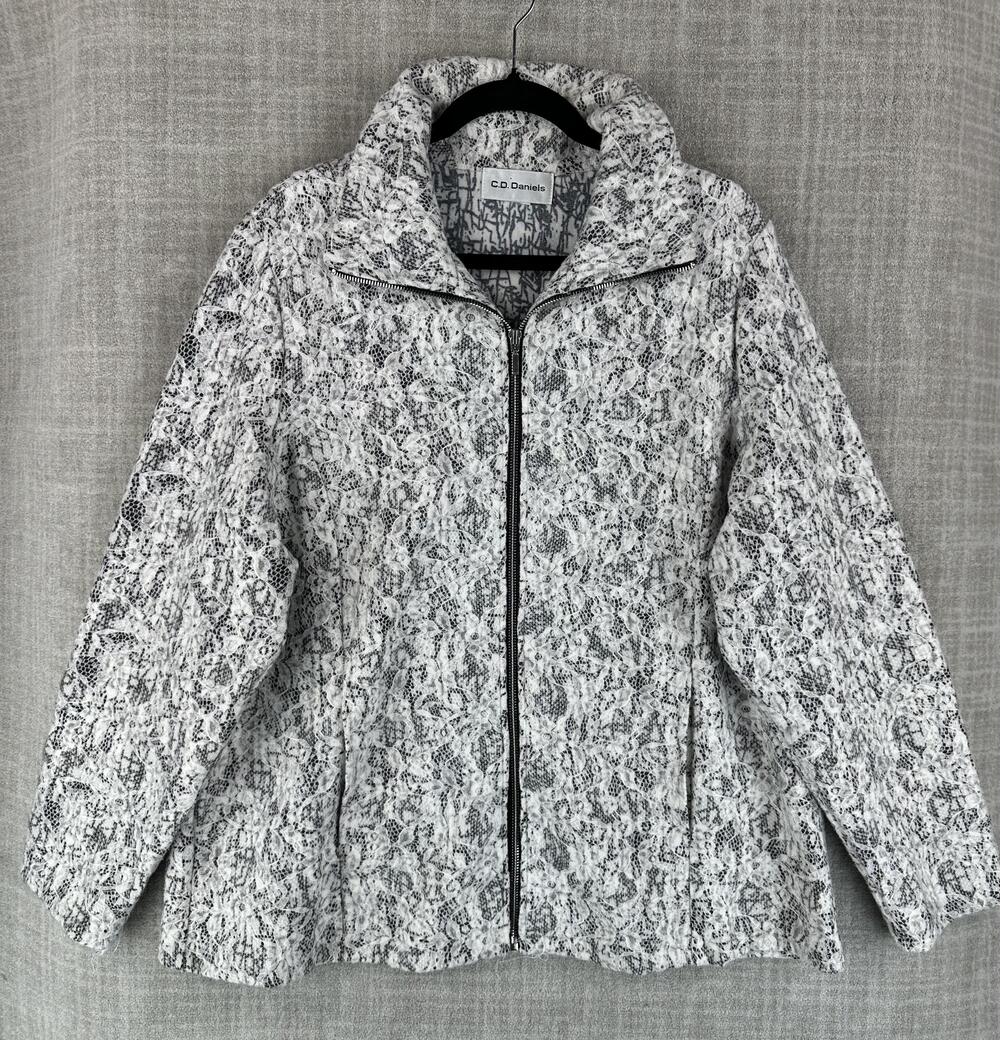 C.D. Daniels Jacket Womens L White Collared Lined Full Zip Lace Floral